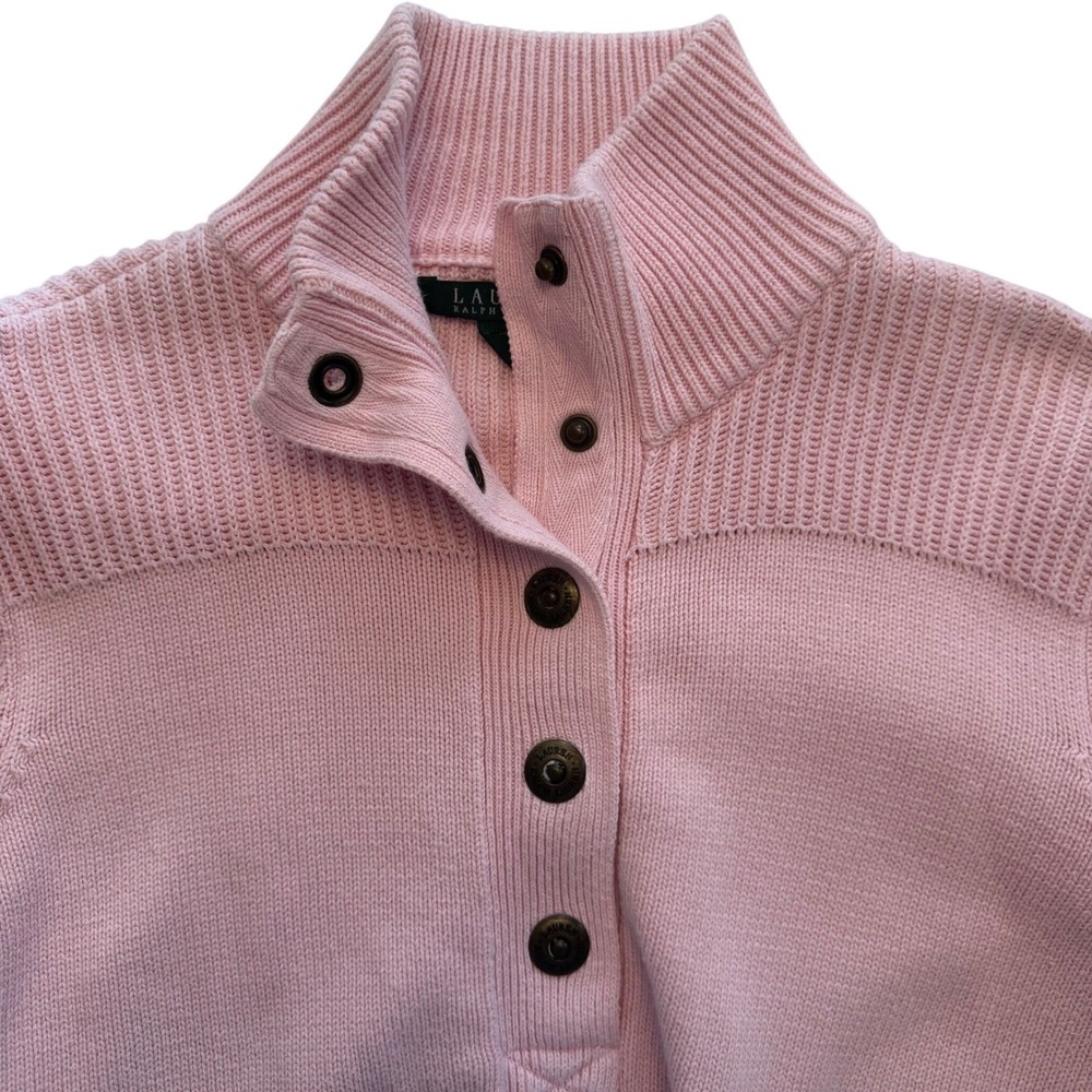 VTG Ralph Lauren Women Sweater Large Pink 100% Cotton 1/4 Snap Buttons Old Money